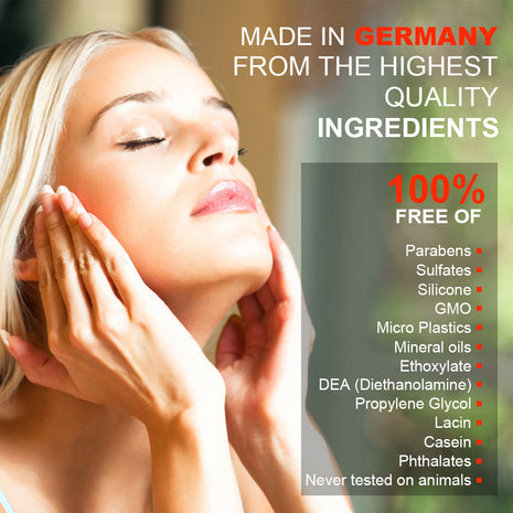 Woman touching her face with a list of product ingredients and 'Made in Germany' text.