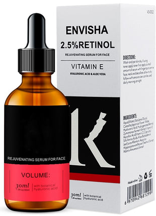 Envisha 2.5% Retinol serum bottle and packaging on a white background