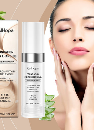 EelHope foundation color-changing product with a model and aloe vera plant on a beige background