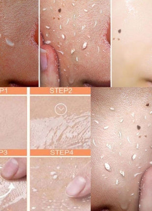Step-by-step process of skincare treatment on skin with visible before and after effects.
