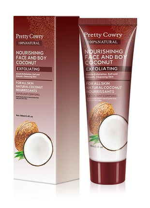 Pretty Cowry nourishing face and body coconut exfoliating product packaging on a white background