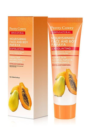 Pretty Cowry nourishing face and body papaya exfoliating product with packaging on a white background