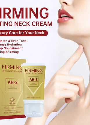 An advertisement image featuring a package and tube of Firming Lifting Neck Cream with a close-up of a woman's neck and face. The package promotes features such as brightening, intense hydration, deep nourishment, and lifting and firming effects.