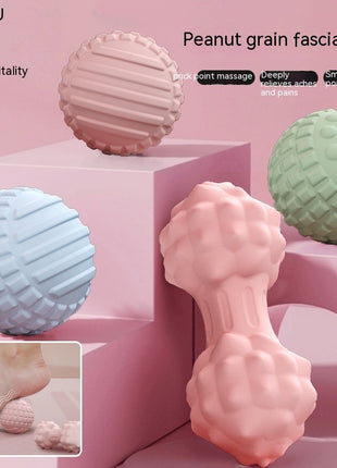 Peanut grain fascia balls and a massage tool on a pink background with text describing their uses.