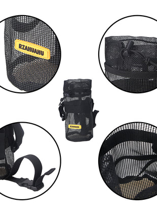 Black mesh bag with RZHUHUHU branding on a white background