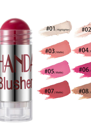 A collection of blusher sticks in various shades with corresponding color swatches below each stick. The product packaging is visible with the brand name and product type.