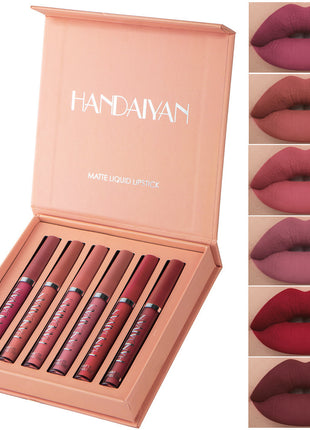 A set of six liquid lipsticks in various shades, presented alongside their packaging with the brand name HANDAIYAN visible.