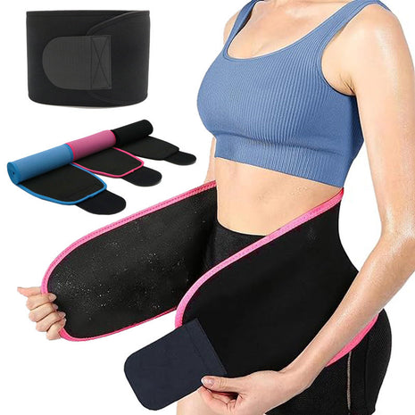 Neoprene waist wrap with a person wearing a blue sports bra and black neoprene wrap.