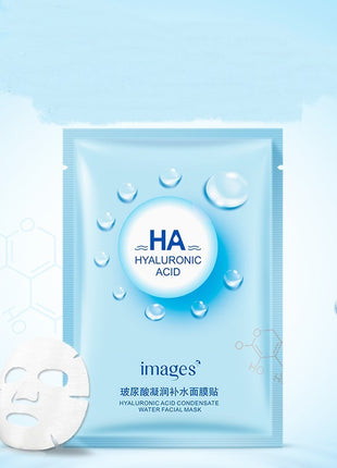 Hyaluronic acid facial mask packaging with a blue background