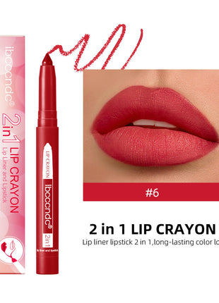 This image features a collage of lip makeup looks using a product from the IBCCCNDC brand. The main focus is on a woman showcasing a bold red lip color, which is highlighted with a lip liner and lipstick.