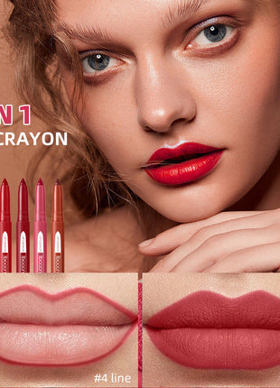 This image features a collage of lip makeup looks using a product from the IBCCCNDC brand. The main focus is on a woman showcasing a bold red lip color, which is highlighted with a lip liner and lipstick.