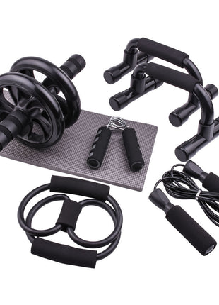 Collection of black exercise tools including dumbbells, resistance bands, and jump rope on a white background.
