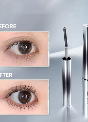 Eyelash serum with 'Before' and 'After' effect on eyes against a gray gradient background