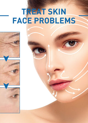 Woman's face with skin treatment lines and close-ups of skin issues, text 'Treat Skin Face Problems'.
