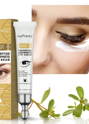 JoyPretty Polypeptide Multi-Effects Eye Cream with packaging, application on eye area, and green leafy plants.