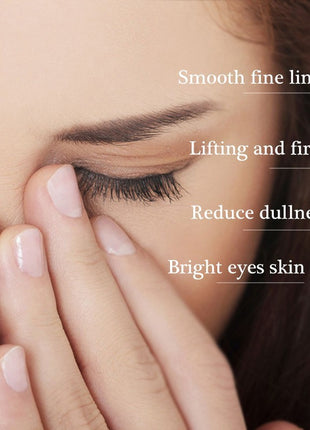 Close-up of a person's eye with text highlighting skincare benefits