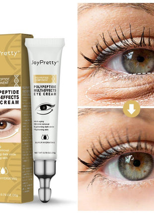 JoyPretty Polypeptide Multi-Effects Eye Cream with packaging and before-and-after effects on eyes.
