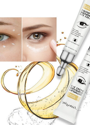 Two bottles of eye cream with close-up shots of a woman's eyes and a gold liquid element.