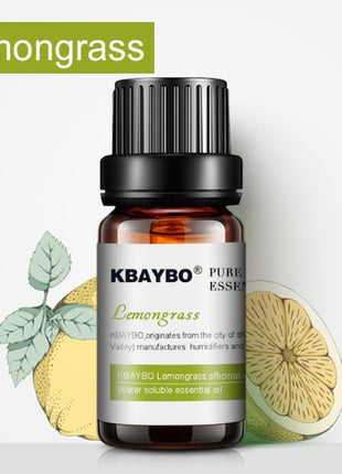 KBAYBO Lemongrass essential oil bottle with lemongrass leaves and lemon slices on a white background