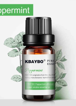 KBAYBO peppermint essential oil bottle with leaves on a white background