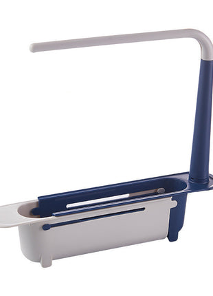 White and blue cleaning tool with a long handle on a white background