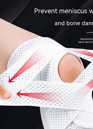 Knee support brace with text 'Prevent meniscus wear and bone damage' on a black background