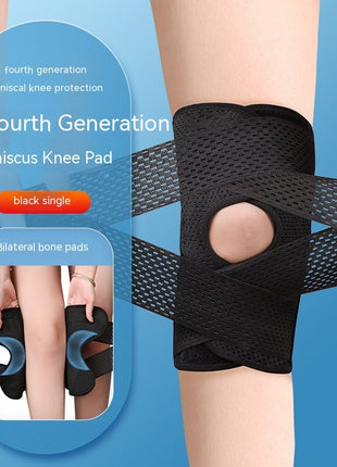Black meniscus knee pad on a person's knee with promotional text on a blue background