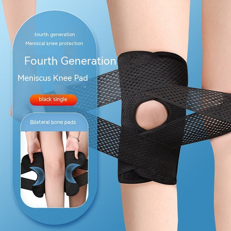 Black meniscus knee pad on a person's knee with promotional text on a blue background