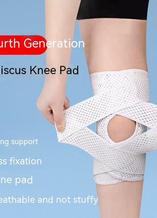 White meniscus knee pad being worn on a person's knee with text highlighting features on a blue background.
