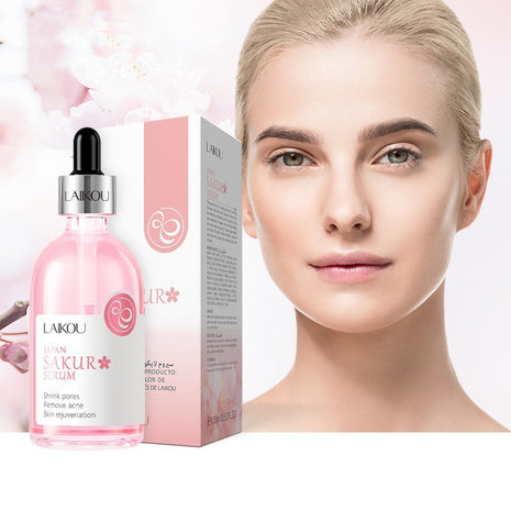 LAIKOU Sakura Serum bottle and packaging with a model's face in the background