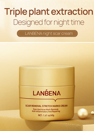 LANBENA night scar cream jar with 'Triple plant extraction' text on a beige background