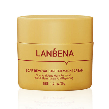 Yellow jar of Lanbena scar removal stretch marks cream on a white background