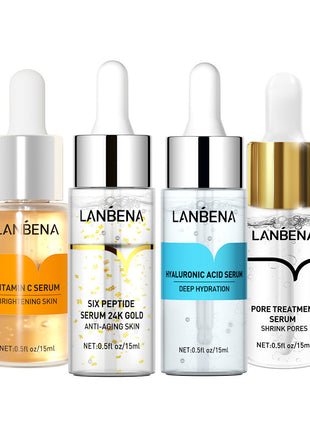 Four LANBENA serum bottles with different ingredients on a white background