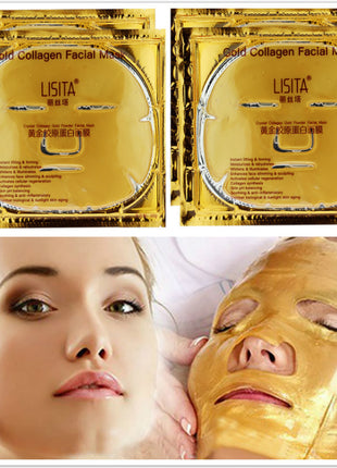 Gold collagen facial mask packaging with a woman wearing the mask.