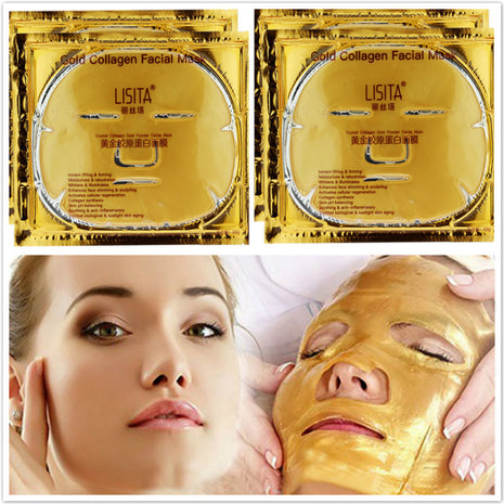 Gold collagen facial mask packaging with a woman wearing the mask.