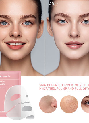 Before and after comparison of a woman's face with a Lokerain deep mask packaging.