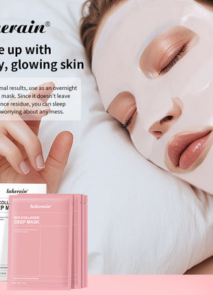 Woman wearing a face mask with Lakerain product packaging displayed.