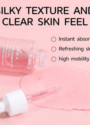 Serum bottle with dropper on a pink background, highlighting 'Silky Texture and Clear Skin Feel' text.