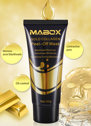Mabox Gold Collagen Peel-Off Mask with gold bars and a face mask on a gold background