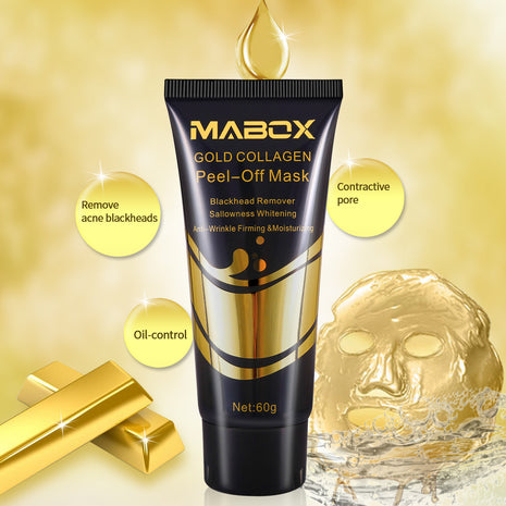 Mabox Gold Collagen Peel-Off Mask with gold bars and a face mask on a gold background