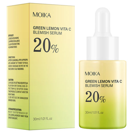 Moika Green Lemon Vita C Blemish Serum packaging and bottle on a white background