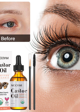 Moyyam Castor Oil product with before and after eye lash comparison