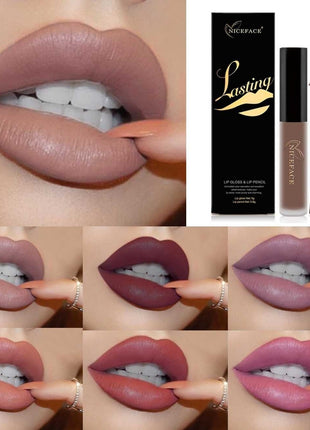 A collage of images showing a lip gloss and pencil set with various lip colors displayed, along with the packaging.