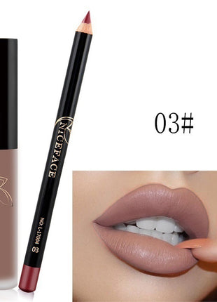 A collage of images showing a lip gloss and pencil set with various lip colors displayed, along with the packaging.