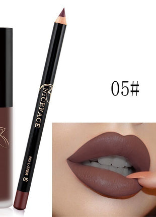 A collage of images showing a lip gloss and pencil set with various lip colors displayed, along with the packaging.