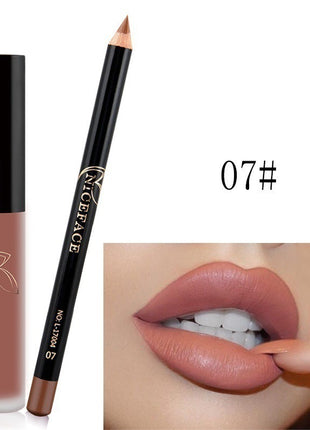 A collage of images showing a lip gloss and pencil set with various lip colors displayed, along with the packaging.