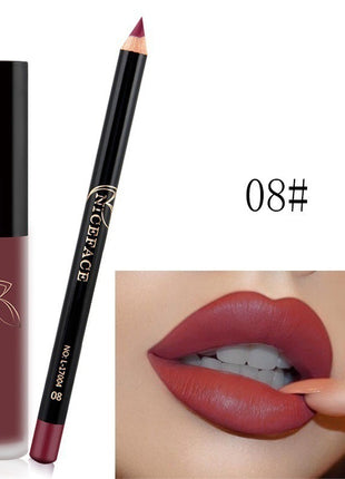 A collage of images showing a lip gloss and pencil set with various lip colors displayed, along with the packaging.