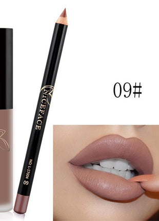 A collage of images showing a lip gloss and pencil set with various lip colors displayed, along with the packaging.