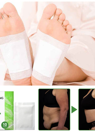 Cleansing foot pads with packaging and before-and-after images of a person wearing them.