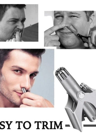 Collage of a man using a nose hair trimmer with text 'Easy to Trim' on a white background.
